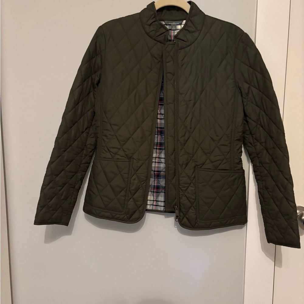 LL Bean Signature Olive Quilted Jacket with Plaid Lining - Picture 2 of 7